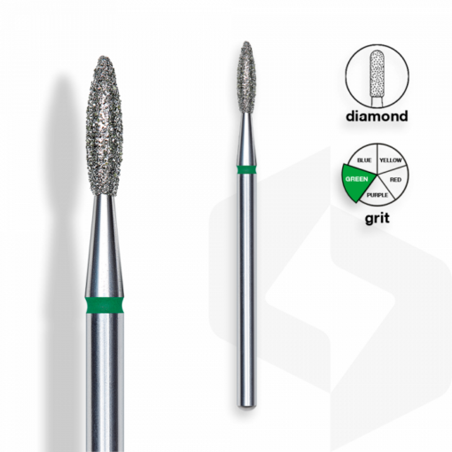 Staleks – diamantová brúsna hlava 2,1mm – flame 8mm green – FA10G021-8K